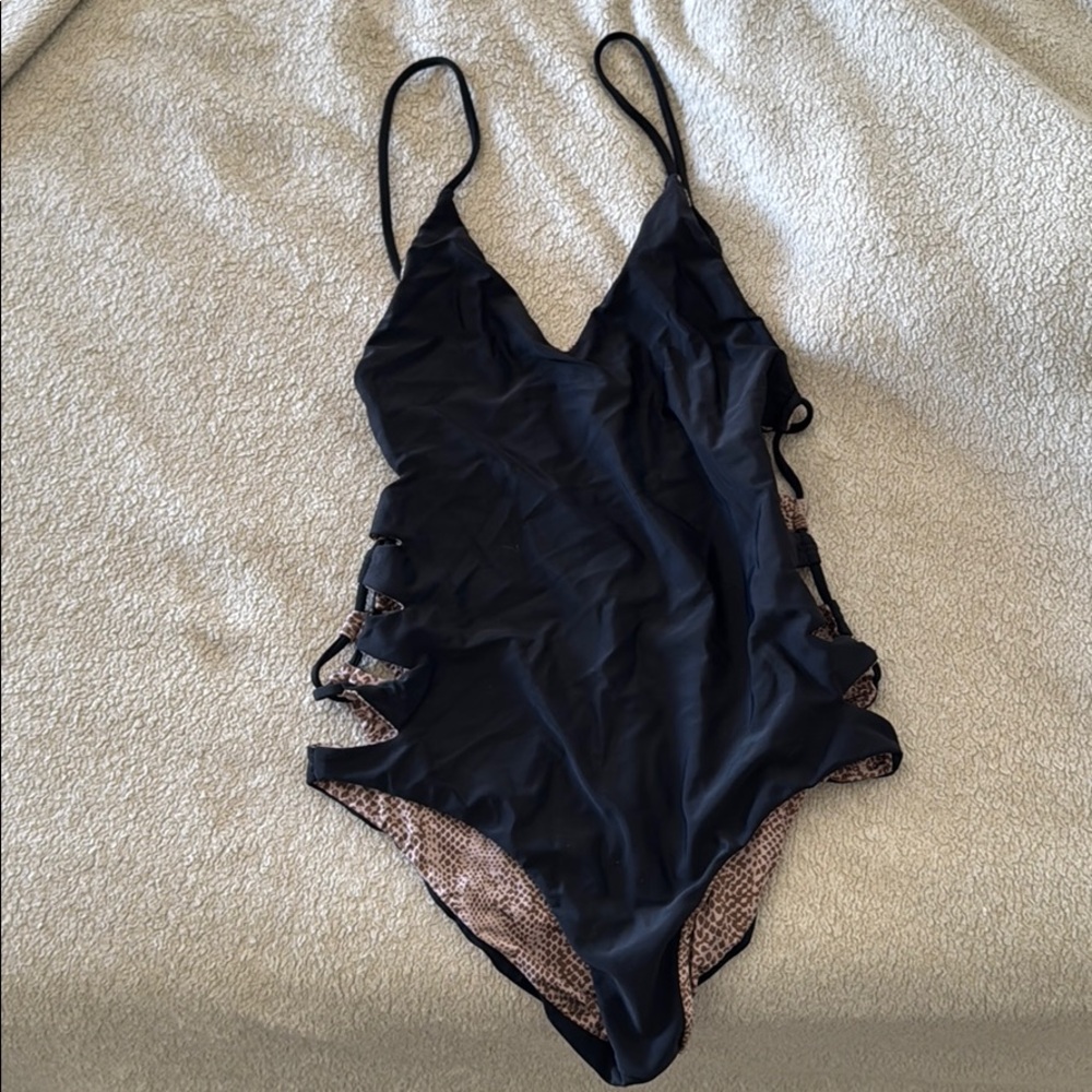 acacia swimwear Black One-Piece with Leopard Trim